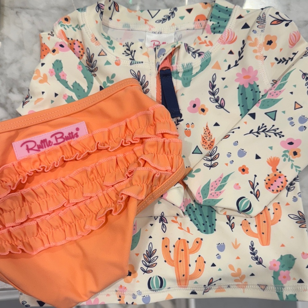 RuffleButts Floral Rash Guard Set 12-18m Like New Bathing Suit